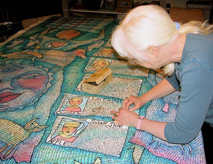 Me pinning the Moon quilt. ©Susan Shie 2007.